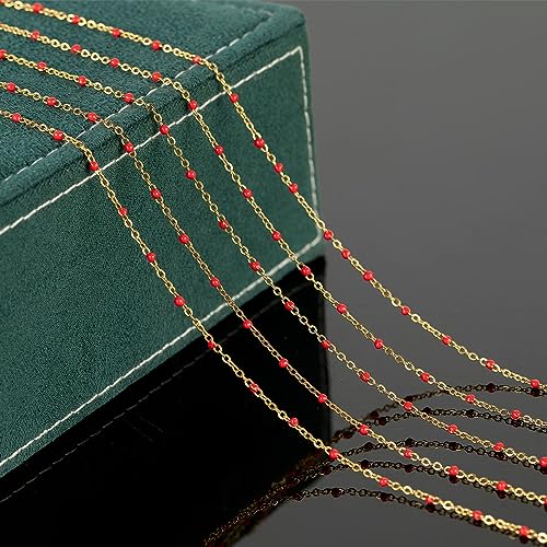 UMAOKANG 10 Meters Gold Plated Chains for Jewelry Making Red Enamel Bead Stainless Steel Chain for Women Necklace DIY Craft - color: Gold-Red Enamel