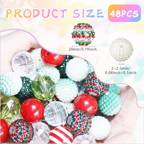 Exway 48 Pcs 20mm Red Green Acrylic Resin Rhinestone Bubblegum Beads, Round, Large, Sparkly Craft Beads for Pen, Beadable Keychain, Bracelet, Necklace, DIY Jewelry Making Supplies - color: Christmas