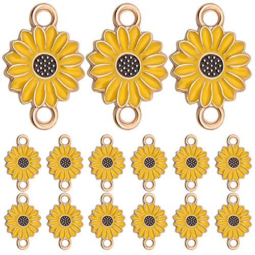 30pcs Enamel Flower Charms Connectors Links Yellow Alloy Floral Sunflower Daisy Flower Dangle Pendants with Double Loops for DIY Bracelet Earring Necklace Jewelry Making