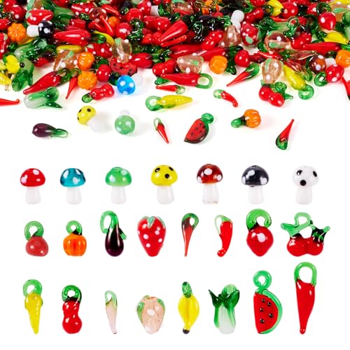 Pandahall 200pcs Fruit Vegetable Handmade Lampwork Beads Glass Mixed Style Loose Spacer Beads Charms for Bracelet Necklace Jewelry Making
