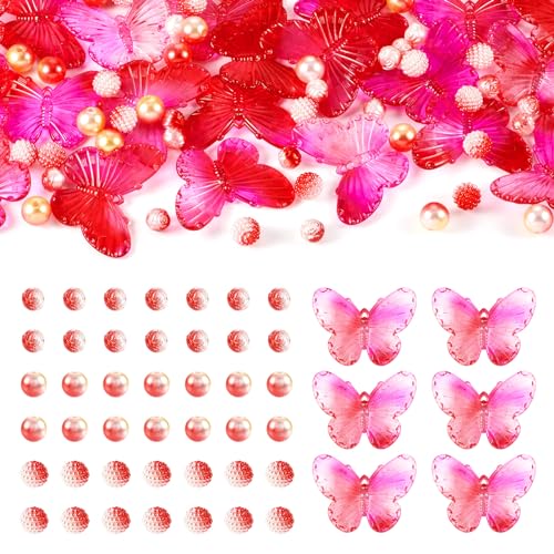 100Pcs Assorted Acrylic Beads Butterfly Beads Bubblegum Berry Beads Pearl Beads Acrylic Rose Beads Pink Aesthetic Beads for Bracelet Necklace Jewelry Making Christmas Gift - color: Dark Pink