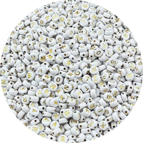 1000pcs Round Letter Beads 4x7mm Acrylic Alphabet Beads Spacer Beads for Jewelry Making Bracelets Necklace Earring Key Chains DIY Craft(S-Gold Letter White Bead) - color: S-Gold Letter White Bead