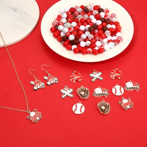 2400PCS+ Baseball Beads for Bracelet Making Clay Heishi Beads Crystal Pearl Letter Gold Spacer Bead Baseball Charms for Bracelet Necklace Making Game Day Party Favors DIY Crafts (Red White)