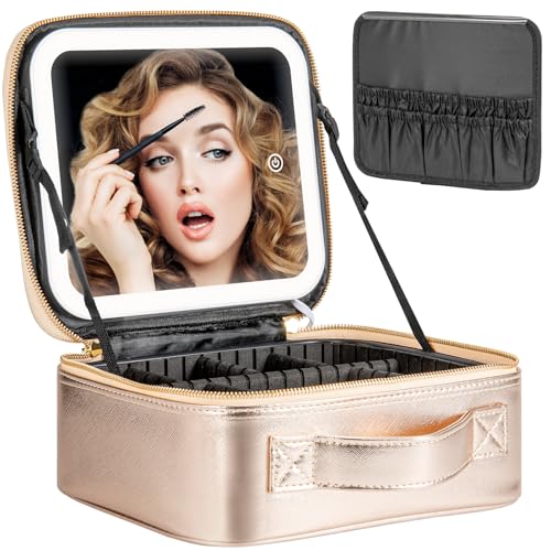 Extrei Gent Makeup Travel Train Case with Mirror LED Light 3 Adjustable Brightness Large Cosmetic Bag Portable Storage Adjustable Partition Waterproof Make up Brushes Makeup Jewelry Gift for Women - color: Gold