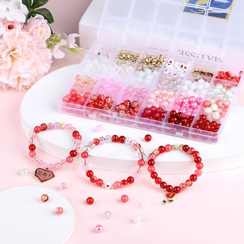 DUQGUHO Valentine's Day Beads for Jewelry Making, 8mm Red Pink White Glass Beads for Bracelet, Heart Beads Gold Bead and Sweet Heart Charms for Bracelet Necklace Crafts DIY 580PCS - color: 14-Red Pink White