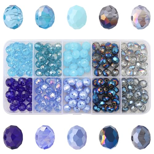 200pcs 8MM Faceted Rondelle Glass Beads for Jewelry Making, Briolette Crystal Glass Beads Plated Round Loose Spacer Beads for DIY Supplies Bracelets Necklaces Earrings (Blue) - color: Blue