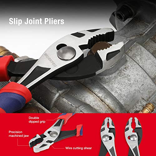 WORKPRO Pliers Set, Premium Cr-V Construction, Includes 6 Inch Slip Joint, Long Nose, Diagonal Cutting, 8 Inch Groove Joint, 7 Inch Linesman and Storage Pouch, for Basic Repair - size: 5-piece