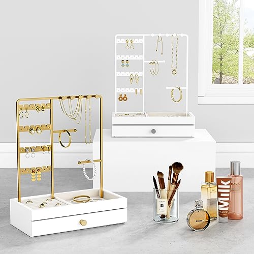 Goozii Gold Jewelry Stand Organizer Necklace Holder, Birthday Gifts for Women Girls, Small Jewelry Stand for Earrings Rings Bracelets, Velvet Jewelry Hanger Tree, Mothers Day Gifts - White and Gold - color: White and Gold