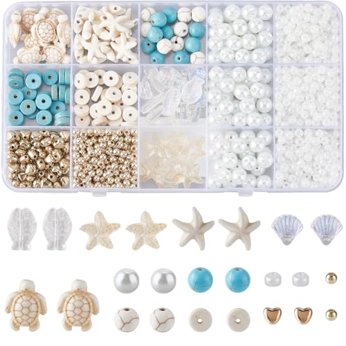 SUNNYCLUE 1 Box 1080Pcs Ocean Bead Kit Startish Sea Turtle Gemstone Beads White Hawaii Ocean Sumer Beads Scallop Fish Bead Glass Pearl Beads for Jewelry Making DIY Earrings Bracelet Necklace Crafts - style: Style 1