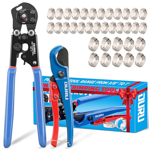 OURU 2 IN 1 Ratchet Pex Crimping Tool Cinch and Remove Combo Function Pex Pipe Crimp Tool from 3/8" to 1" Pex Crimper with Pex Cutter and Stainless Steel Pex Clamps 1/2" 25PCS,3/4" 10PCS - style: 2pcs Pex Tool Kit