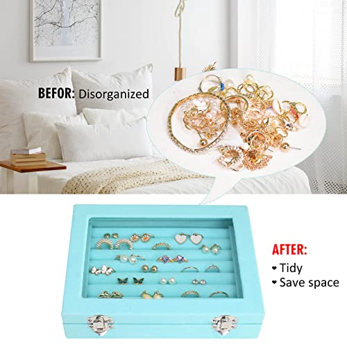Vicoter Rings Organizer Tray 7 Slots Velvet Jewelry Earring Storage Box with Transparent lid Jewelry Display Case for Girls Wife Mom Women (Light Blue) - color: Light Blue