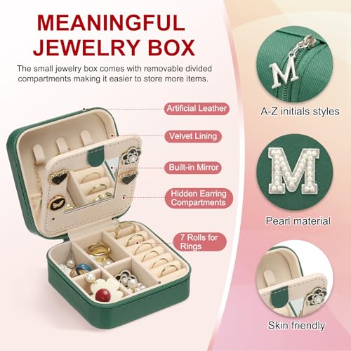 PATIKIL Travel Jewelry Case, M Initial Small Travel Jewelry Box Organizer Rings Earrings Storage Case Personalized Gifts for Women Girls Birthday Christmas Bridesmaid Gifts, Dark Green - style: M
