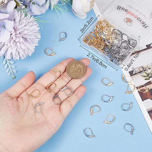 Beebeecraft 1 Box 100Pcs Leverback Earring Findings 24K Gold Plated Brass and Stainless Steel Clasp Earring Hooks 2 Colors Lever Earring Hooks with 1.5mm Horizontal Loops for DIY Jewelry Making - color: 100Pcs 24K Gold Plated 304 Stainless Steel #3