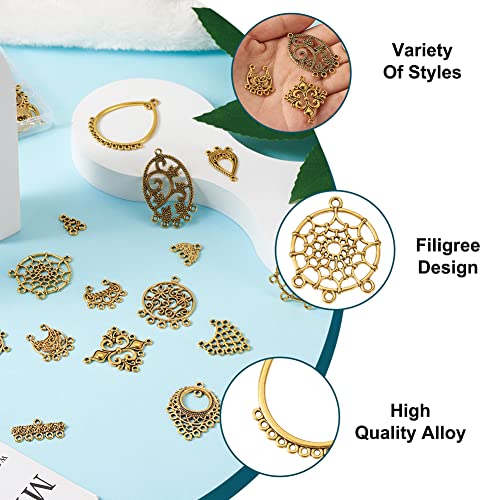 Bestewelry 64Pcs Tibetan Antique Gold Chandelier Charms 16 Styles Vintage Filigree Hollow Links Charms with Loops Findings for Dangle Earrings Connector Components Jewelry Making