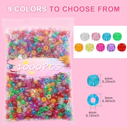 Amaney 1000 Pieces 6x9mm Mixed Colors Glitter Transparent Mix Plastic Pony Beads - color: 1000Glitter