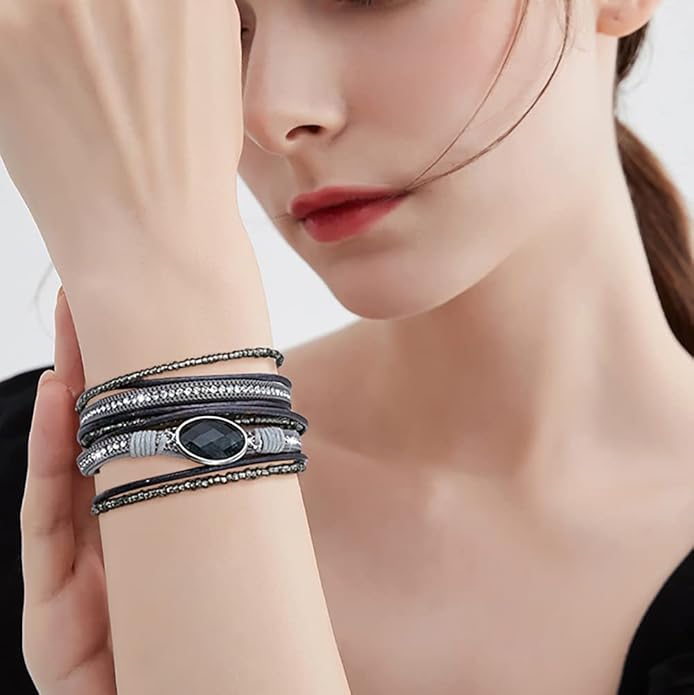 Wowanoo 3Pack Leather Cuff Bracelet Set Multilayer Wrap Bracelet Crystal Feather Tree Bracelet Magnetic Clasp Bracelet for Women