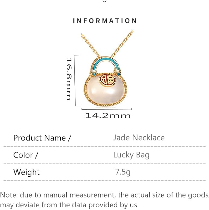 14K Gold Real Natural Jade Enamel Fortune Bag Necklace, Unique Vintage Style Jade Pendant, Delicate Jade Jewelry Gift for Wife's Prosperity