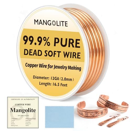 12 Gauge/2.0mm Copper Wire for Jewelry Making – 16.5 Feet Single Spool with Polishing Cloth & COA – 99.9% Pure Dead Soft Bare & Skin Safe Uncoated Craft Wire for Structural DIY & Heavy Bands - size: 12 Gauge, style: 5 Ounces