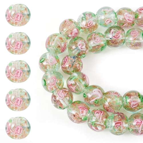 Cheriswelry 40Pcs/Strand Flower Lampwork Glass Beads 10mm Gold Sand Glass Bead Round Loose Spacer Beads for Rosary Jewelry Craft Making (Dark Sea Green) - color: Dark Sea Green