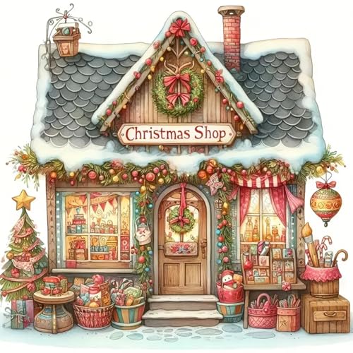 MOMDEDP Christmas Shop Diamond Painting Kits for Adults, Winter 5D Diamond Art Kits for Beginner DIY Full Drill Diamond Dots Crystal Craft Kits for Home Wall Decor Gifts 11.8x11.8 inch