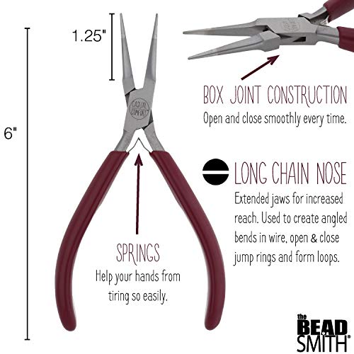 The Beadsmith Long Chain Nose Pliers – 6.25-Inches (160 mm) Jewelry-Making Tool w/Polished Steel Head, PVC Comfort Grip, & Double-Leaf Springs (Pack of 2) - size: 5.5inches (Pack of 2)