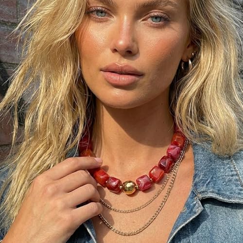 Mchic Colorful Beaded Choker Necklace for Women: Boho Large Square Acrylic Beaded Necklace Stainless Steel Adjustable Surfer Beach Strand Necklaces Summer Handmade Jewelry Gift for Women - color: Red