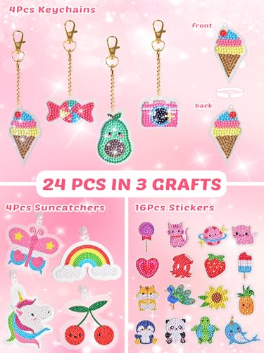FUN LITTLE TOYS 24Pcs Diamond Art Kits, Diamond Painting Kits, Arts and Crafts for Kids Ages 6-12, Gem Art As Gifts Ideas for Girls and Boys, Small Diamond Painting Stickers, Kids Craft Age 6+
