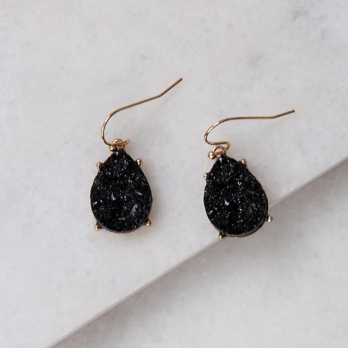 Teardrop Dangle Earrings for Women with Simulated Druzy Stones in Gold or Silver Tone