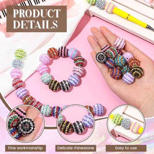 40 Pcs 20 mm Rhinestone Beads Bulk Crystal Round Disco Ball Chunky Bubblegum Beads for Pens Bracelets Charms Craft European Style Jewelry Making Supplies Christmas(20 Colors) - color: 20 Colors