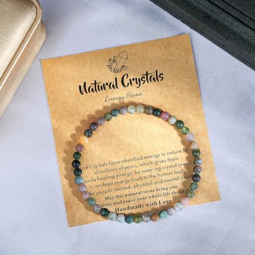 MAIBAOTA Healing Crystal Bracelet for Women Men, 8/4 mm Natural Stone Beaded Bracelets, Jewelry Birthday Gifts, Round Gemstones Stretch Bracelets - color: Multi-Indian Agate, size: 4 mm