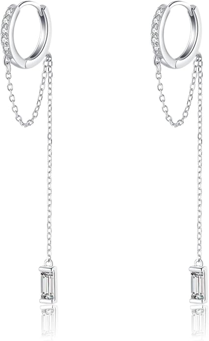 Reffeer 925 Sterling Silver CZ Chain Hoop Earrings Dangle for Women Teens Dangle Earrings Chain Drop Earrings Huggie