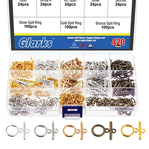 Glarks 420Pcs Toggle Clasps and Open Jump Rings Set 120 Sets 5 Colors Round Toggle Clasps Connectors T-Bar Jewelry Clasp and 300pcs 3 Colors Open Jump Rings for Jewelry Bracelet Necklace Making