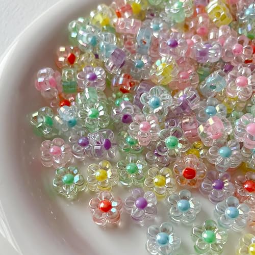 200pcs Ab Color Flower Bead Acrylic Colorful Beads Transparent Straight Hole Inner for DIY Jewelry Bracelet Necklace Phone Chain Keychain(ab Flower) - color: 200pcs-flower