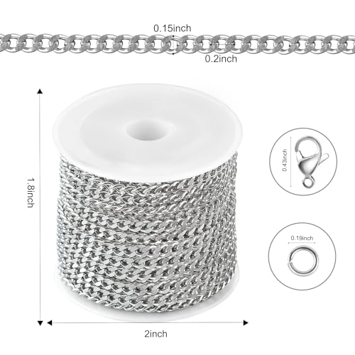 Kyutong Twist Curb Link Chain Bulk Silver Jewelry Making Chain Supplies 16.4 Feet Stainless Steel Chain Roll Making Craft DIY Bracelet Ankle with Lobster Clasps and Jump Rings - color: Silver Curb