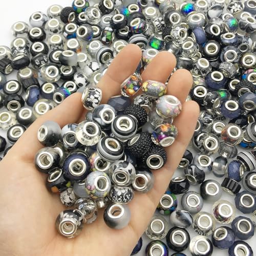 20pcs/Set Random Mixed Color European Style Acrylic Large Hole Beads Bracelet Spacer Beads for Bracelet Necklace Beading Handmade Accessories(SN345-Black)