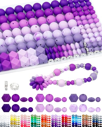 FIVEIZERO 172PCS Silicone Beads for Keychain Making, 6 Purple Shades | 4 Assorted Shapes, Includes Rhinestone Spacers, Premium Silicone, Easy to Clean, Durable and Flexible - color: purple