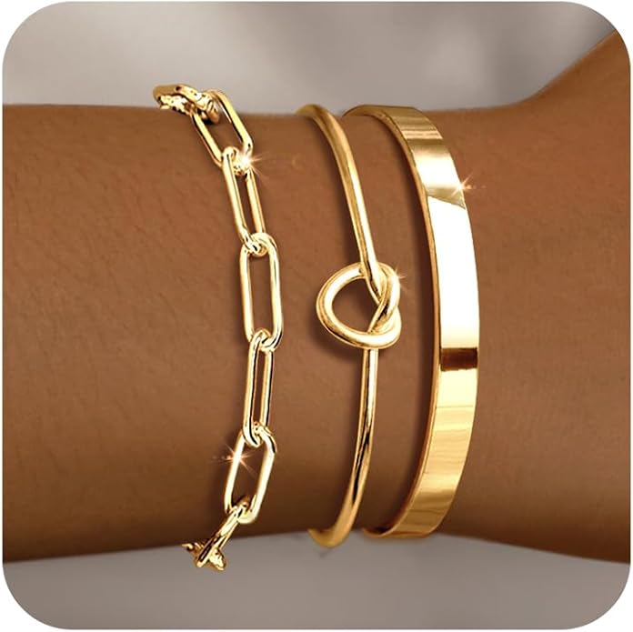 Gold Bracelets for Women 18k Gold Plated Bracelet Stack Bangle Cuff Bracelet Set for Women Non Tarnish Beaded/Paperclip/Cuban Link Chain Bracelets Jewelry for Women Trendy