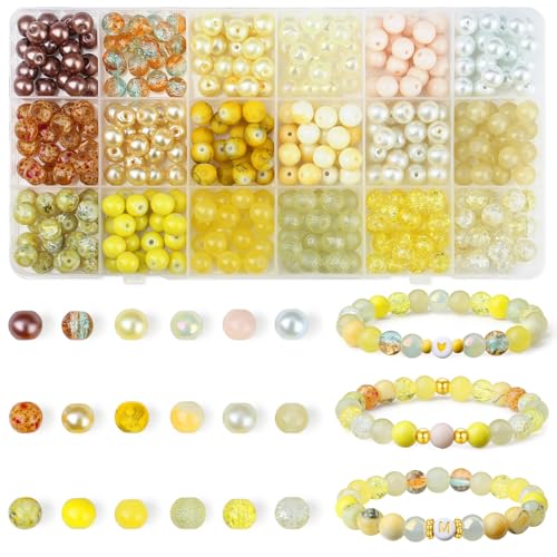 DUQGUHO 8mm Yellow Beads for Jewelry Making Yellow Glass Beads for Crafts Bracelets, Necklaces & DIY Crafts Glass Round Bead 360PCS - color: 4-Yellow