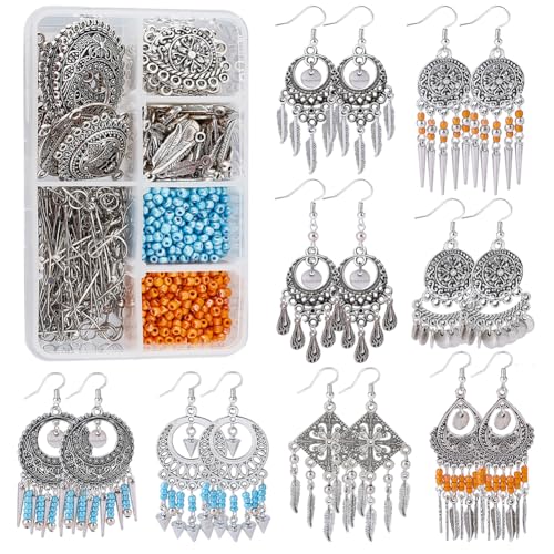 SUNNYCLUE 1 Box DIY 10 Pairs Chandelier Charms Earring Making Kit Boho Charms for Jewelry Making Feather Cone Pendants Flat Round Head Pins Eye Pins Jump Rings Antique Silver Adult Women - color: Chandelier Bohemian Style D