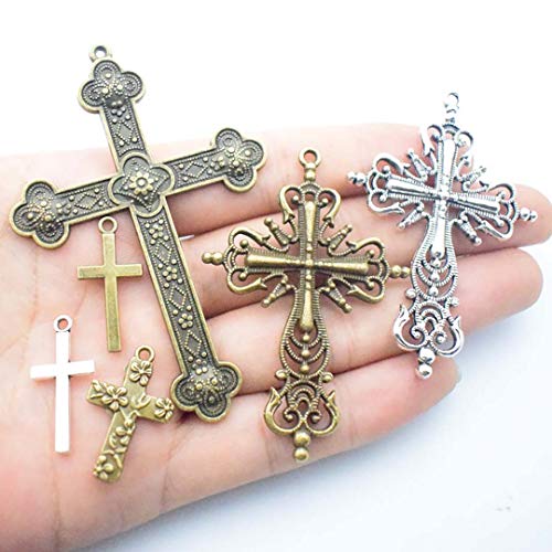 Youdiyla 100g Big Cross Pendants Collection - Antique Bronze Silver Sword Holy Angel Jesus Peace Cross Crucifix Metal Charms for Jewelry Making DIY Findings (HM23)