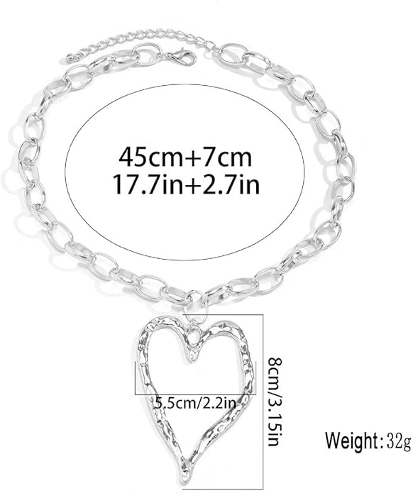 Chunky Gold Necklace Big Heart Necklace for Women Silver Large Statement Necklaces Thick Bold Chain Puffy Love Heart Charm Necklaces for Women with OT Toggle Silver Chunky Gold Jewelry Trendy Valentine's Day Gift