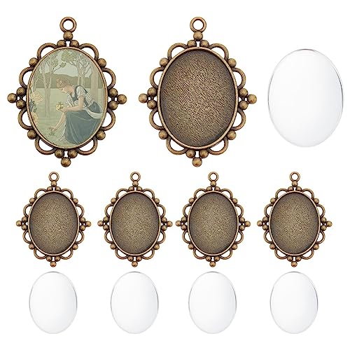 PH PandaHall 5pcs Pendant Tray Oval Charms Cabochon Bezel and 5pcs 40x30mm Glass Cabochon Dome Tiles Clear Cameo Memorial Photo Pendant for Bouquet Wedding Brides Graduation Charm - color: Antique Bronze Oval - 5 Sets
