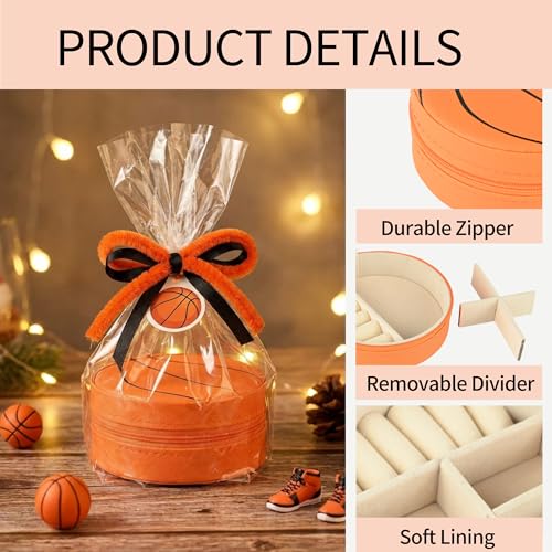 12-Pack Basketball Jewelry Box Bulk Team Gifts for Girls, Orange Round Mini Travel Jewelry Case Organizer for Basketball Players Coaches, Senior Night Tournament Gifting - style: Basketball