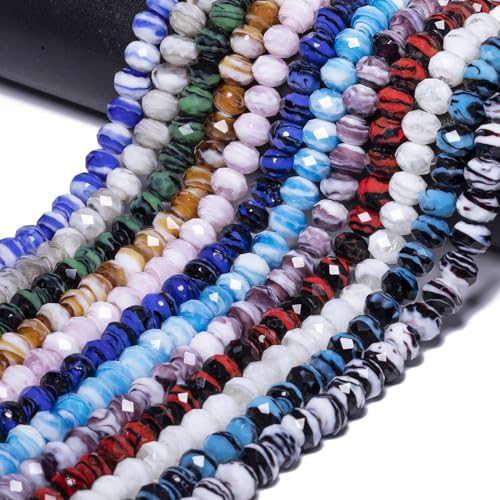 7.5×10mm 50pcs Purple White Faceted Lampwork Glass Beads for Jewelry Making, Flat Round Handmade Murano Beads for Bracelets, Crafts, Friendship Bracelet Kit, Rosary Making - color: Purple White