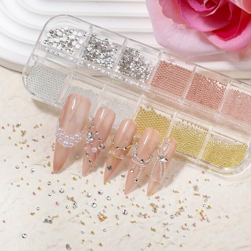 3D Mini Small Metal Stainless Steel Caviar Nail Beads Balls, 0.8-3mm Gold Silver Alloy Nail Art Chain Charms Studs with Tweezers and Dual-end Brush (4-K1-metal-beads-rhinestones) - color: 4-K1-metal-beads-rhinestones