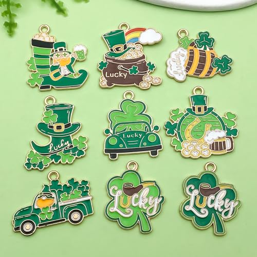18pcs Alloy enamel green Irish Festival St. Patrick's Day clover carriage beer glass Jewelry Making DIY Keychain Earrings Pendant Various Design Charms for Jewelry Making Bracelets Necklace(SN1086) - color: SN1086