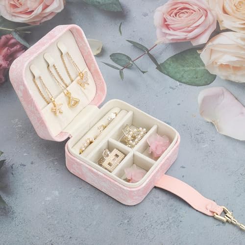 DesignSter Jewelry Box, Buckle Women's Small Travel Jewelry Box, Small Portable Jewelry Storage Box with Jacquard Embroidery for Rings Earrings Necklaces Bracelets, Pink - color: Blue