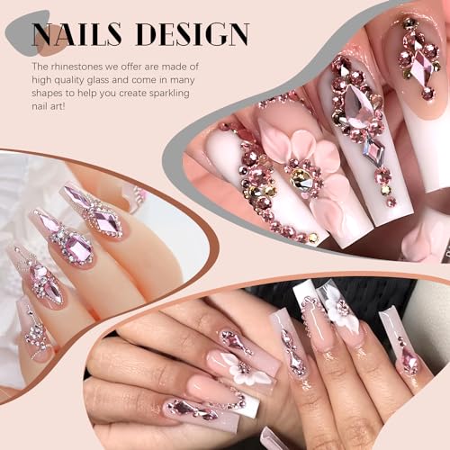 1680Pcs Pink Glass Nail Rhinestones 180Pcs Multi Shapes Flatback Nail Gems + 1500Pcs 1.5-4mm Round Crystal with Rhinestones Glue Gel, Manicure Nail Charms Diamond Gemstones for Nail Art - color: Pink with Glue
