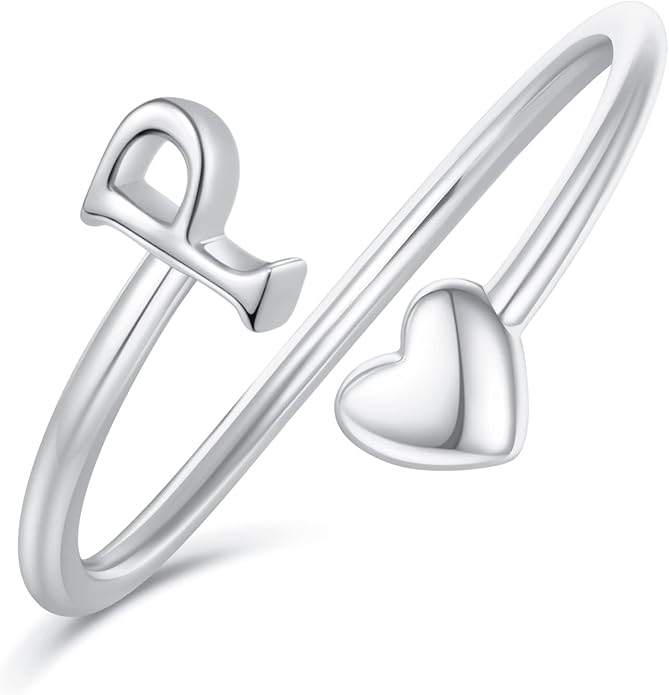 Initial Rings for Women Girls - Valentines Day Gifts for Her, Adjustable Rings for Women Non Tarnish Letter A-Z Dainty Heart Ring Teen Girls Gifts Trendy Stuff Personalized Jewelry Gift