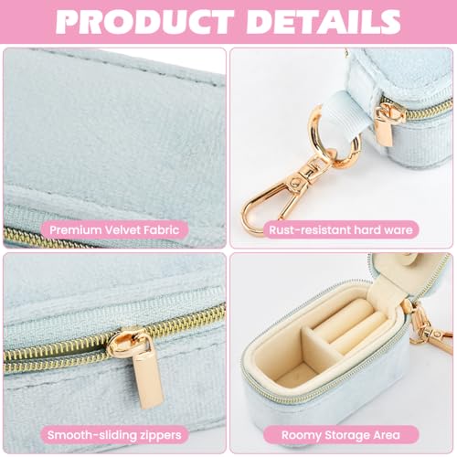 Velvet Mini Travel Jewelry Case, 2 in 1 Ring Holder Keychain + 50 Plastic Earrings, Portable Small Jewelry Organizer for Women, Travel/Gym/Wedding/Bridesmaid Gift - color: blue